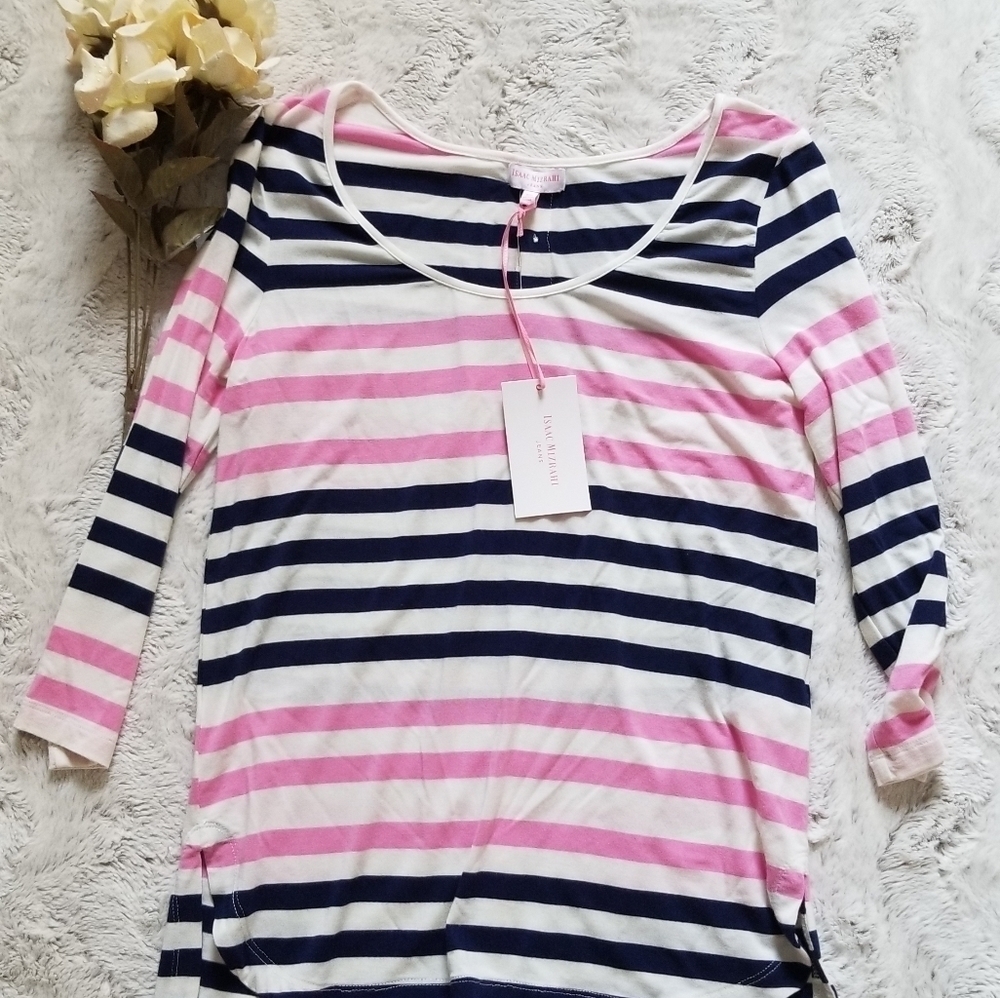 Isaac Mizrahi Navy Blue Pink White Half Sleeve XS